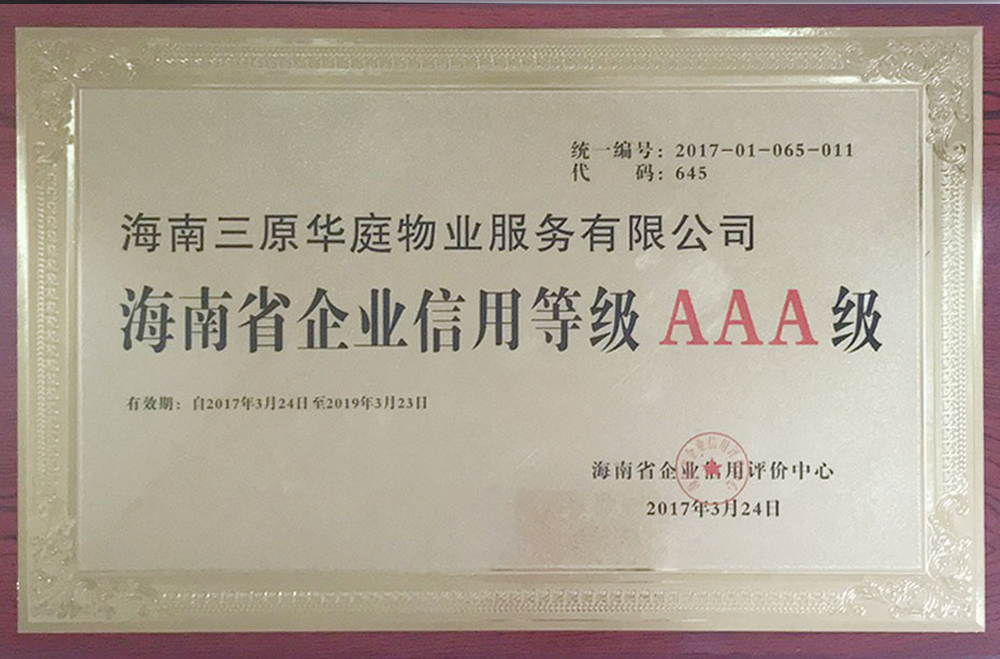 海南省企業信用等級AAA級-2017年