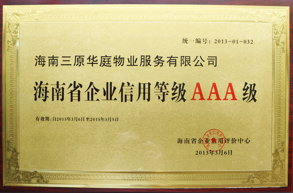 海南省企業信用等級AAA級-2013年
